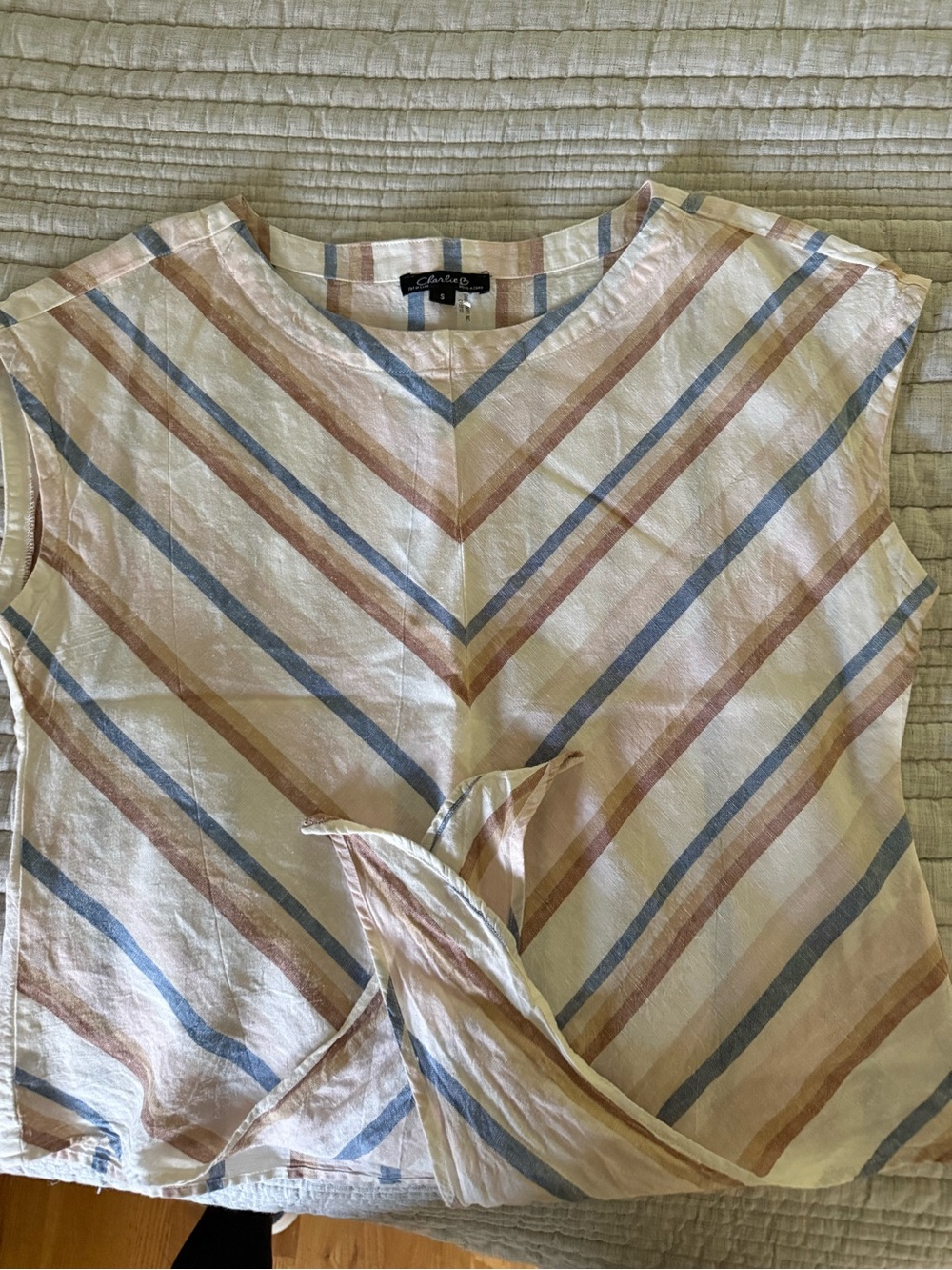 Charlies Striped V-Neck Sleeveless Top in Cream, Blue & Tan